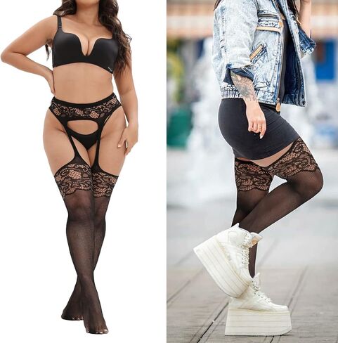 MANZI Plus Size Thigh High Stockings Womens Fishnet Tights in Kuwait