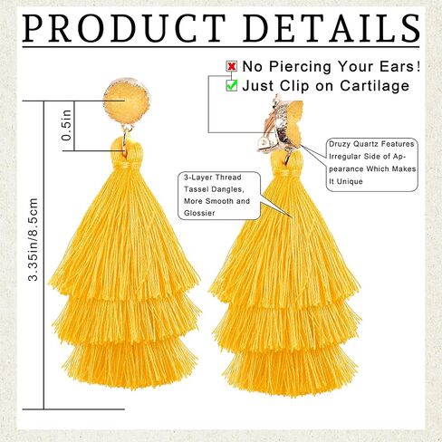 CASSIECA شرابة بيان الأقراط للنساء كليب على الأقراط المتدلية الملونة البوهيمي المتدرج شرابة Druzy تتدلى الأقراط غير ثقب المجوهرات عيد ميلاد عيد الميلاد هدية عيد الحب in Kuwait