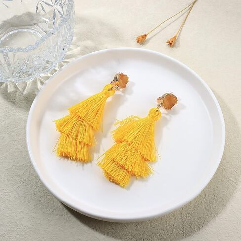 CASSIECA شرابة بيان الأقراط للنساء كليب على الأقراط المتدلية الملونة البوهيمي المتدرج شرابة Druzy تتدلى الأقراط غير ثقب المجوهرات عيد ميلاد عيد الميلاد هدية عيد الحب in Kuwait