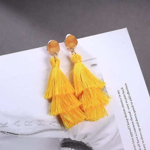 CASSIECA شرابة بيان الأقراط للنساء كليب على الأقراط المتدلية الملونة البوهيمي المتدرج شرابة Druzy تتدلى الأقراط غير ثقب المجوهرات عيد ميلاد عيد الميلاد هدية عيد الحب in Kuwait