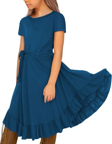 KYMIDY Girls Short Sleeve Swing Dress Kids Ruffle Loose Casual Twirl Belted Dresses with Pockets for Girls 6-12 Years in Kuwait