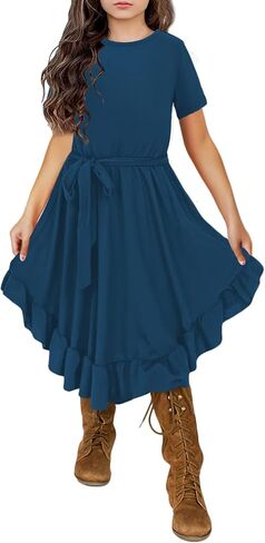 KYMIDY Girls Short Sleeve Swing Dress Kids Ruffle Loose Casual Twirl Belted Dresses with Pockets for Girls 6-12 Years in Kuwait