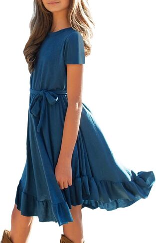 KYMIDY Girls Short Sleeve Swing Dress Kids Ruffle Loose Casual Twirl Belted Dresses with Pockets for Girls 6-12 Years in Kuwait