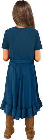 KYMIDY Girls Short Sleeve Swing Dress Kids Ruffle Loose Casual Twirl Belted Dresses with Pockets for Girls 6-12 Years in Kuwait