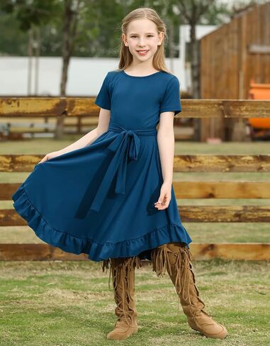 KYMIDY Girls Short Sleeve Swing Dress Kids Ruffle Loose Casual Twirl Belted Dresses with Pockets for Girls 6-12 Years in Kuwait