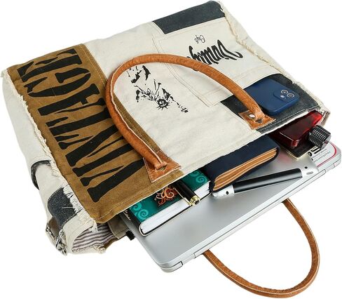 Vintage Genuine Canvas Leather Tote Bag Handbag Shopper Shoulder Purse Bag for Women Office Laptop Bag Gift LIghtweight reusable Grocery shopping in Kuwait