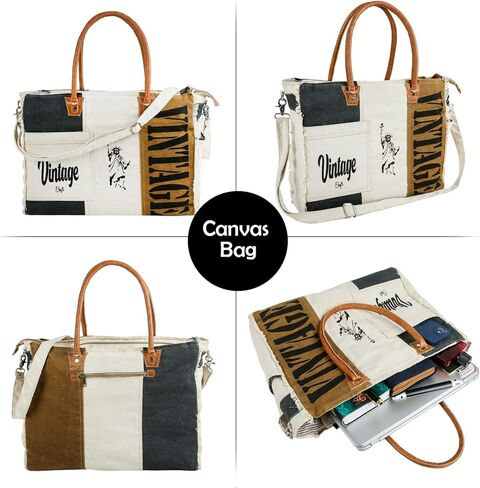 Vintage Genuine Canvas Leather Tote Bag Handbag Shopper Shoulder Purse Bag for Women Office Laptop Bag Gift LIghtweight reusable Grocery shopping in Kuwait