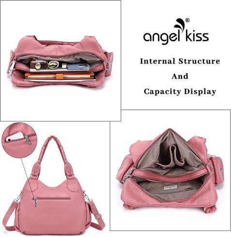 Angel Kiss Women Handbags Shoulder Bags Washed Leather Satchel Tote Bag Mutipocket Hobo Purse in Kuwait