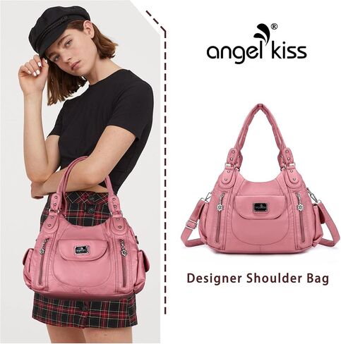 Angel Kiss Women Handbags Shoulder Bags Washed Leather Satchel Tote Bag Mutipocket Hobo Purse in Kuwait