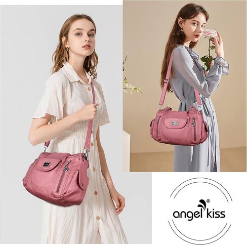 Angel Kiss Women Handbags Shoulder Bags Washed Leather Satchel Tote Bag Mutipocket Hobo Purse in Kuwait