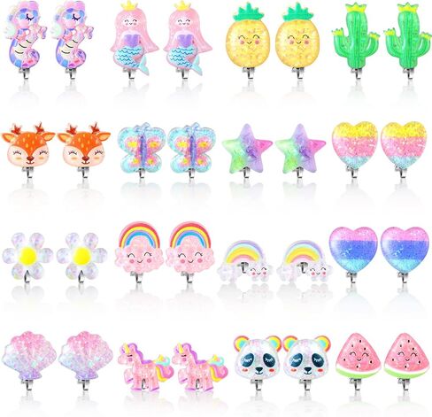 Bonuci 16 Pairs Kids Clip on Earrings for Girls Cute Unicorn Mermaid Non Pierced Clip on Earrings for Kid Little Girl in Kuwait