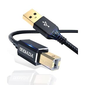 كابل طابعة AkoaDa USB 2.0 بطول 20 قدم، سلك ماسح ضوئي للطابعة USB من النوع A ذكر إلى B ذكر عالي السرعة متوافق مع HP وCanon وDell وEpson وLexmark وXerox وSamsung أسود