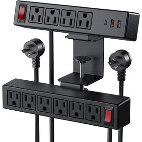 White 2 in 1 Desktop Edge Power Strip,Removable Clamp Power Outlet Socket Under Desk 6AC Outlests with Switch & 4 AC Outlets 2 USB-A Ports,1 USB-C Port,6.5 ft Extension Cord