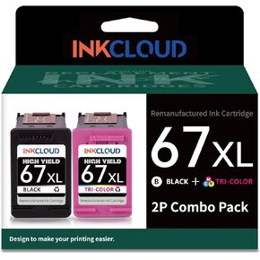 INKCLOUD 67XL Printer Ink Higher Yield Compatible with HP 67XL Ink Cartridge for HP Envy 6055 6052 6058 6075 Envy Pro 6455 6455e 6452 6458 DeskJet 1255 2732 2752 2755e 4140 4155 (1 Black 1 Tri-Color)
