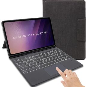 حافظة لوحة المفاتيح لجهاز سامسونج جالاكسي تاب S8 بلس/S7 FE/S7 بلس 12.4 بوصة - غطاء لوحي قابل للطي للوحة المفاتيح اللاسلكية الذكية التي تعمل باللمس - لوحة مفاتيح بإضاءة خلفية مع مسند لجهاز تاب S8+ / S7 FE/ S7+ أسود in Kuwait
