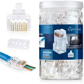 Everest Media Solutions RJ45 Cat6/6a Pass Through Connectors for a Thick 23 AWG Large Diameter UTP Network Cable, 50 Pcs | Insert Guides Included