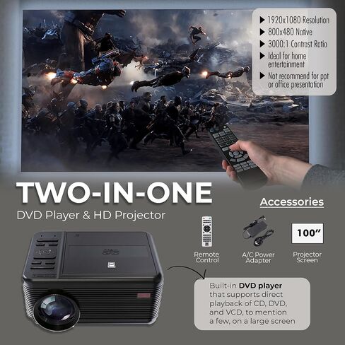 جهاز عرض RCA DVD مع مكبر صوت مدمج - جهاز عرض صغير محمول مزود بتقنية Bluetooth - جهاز عرض داخلي / خارجي وحزمة شاشة - متوافق مع HDMI / AV / VGA / Micro SD - نظام مروحة هادئ - دقة 1920 × 1080 in Kuwait