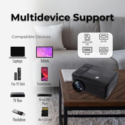 جهاز عرض RCA DVD مع مكبر صوت مدمج - جهاز عرض صغير محمول مزود بتقنية Bluetooth - جهاز عرض داخلي / خارجي وحزمة شاشة - متوافق مع HDMI / AV / VGA / Micro SD - نظام مروحة هادئ - دقة 1920 × 1080 in Kuwait