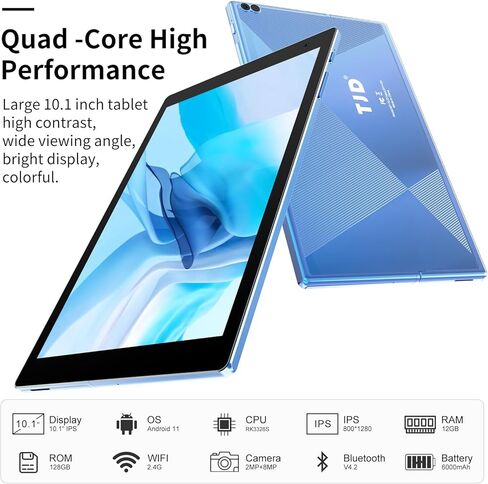 TJD Android Tablet 10 بوصة، 128 جيجابايت ROM كمبيوتر لوحي، معالج رباعي النواة، بطارية 6000 مللي أمبير في الساعة كاميرا مزدوجة مكبرات صوت ستيريو، واي فاي، بلوتوث، قراءة الألعاب أقراص Google التي تعمل باللمس (أزرق) in Kuwait