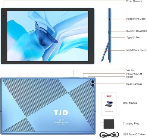 TJD Android Tablet 10 بوصة، 128 جيجابايت ROM كمبيوتر لوحي، معالج رباعي النواة، بطارية 6000 مللي أمبير في الساعة كاميرا مزدوجة مكبرات صوت ستيريو، واي فاي، بلوتوث، قراءة الألعاب أقراص Google التي تعمل باللمس (أزرق) in Kuwait
