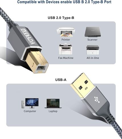 AkoaDa Printer Cable,USB A to B Cable 10ft USB 2.0 Printer Cord High Speed Scanner Cord Compatible with HP, Brother, Canon, Dell, Epson, Lexmark, Xerox, Samung and More in Saudi Arabia