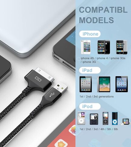AviBrex USB to 30 Pin Charging Cable 3.3ft 2-Pack, USB Fast Charging & Sync Data Cable Nylon Braided Cord Compatible iPhone 4/4s/3G/3GS, iPad 1 2 3,iPod Touch 4 3 2 1, iPod Classic 3 2 1-Grey in Saudi Arabia