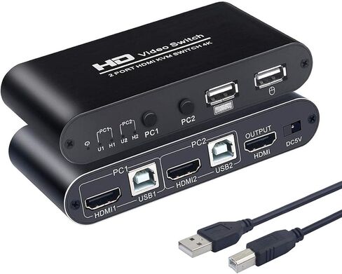 محول كيه في ام بمنفذ USB للكيبورد والماوس، موزع طابعة لجهازي كمبيوتر واللابتوب وبلاي ستيشن 4 واكس بوكس ون وHDTV والقرص الصلب والقرص الصلب، الخ HDMI كيه في ام 2×1 in Kuwait