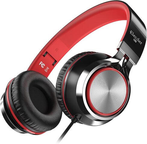 ELECDER i39 Headphones with Microphone Foldable Lightweight Adjustable On Ear Headsets with 3.5mm Jack for Cellphones Computer MP3/4 Kindle School Red/Black in Kuwait