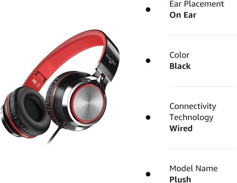 ELECDER i39 Headphones with Microphone Foldable Lightweight Adjustable On Ear Headsets with 3.5mm Jack for Cellphones Computer MP3/4 Kindle School Red/Black in Kuwait