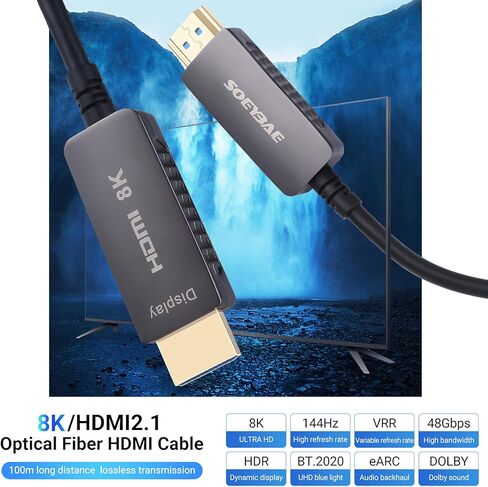 كابل HDMI من الألياف الضوئية SOEYBAE 8K بطول 100 قدم/30 مترًا، كابل HDMI 2.1 يدعم 8K@60 هرتز، 4K@120 هرتز، 48 جيجابت في الثانية، eARC، HDCP2.2، PS5 in Kuwait