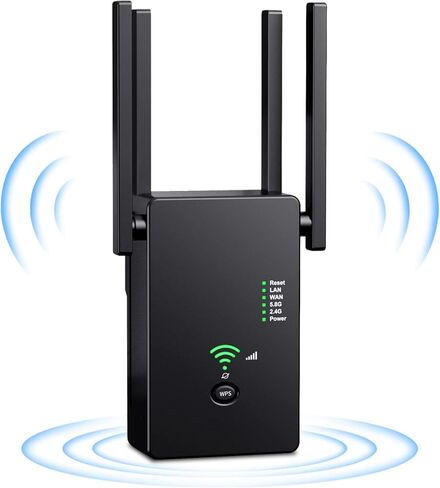 PAKESI WiFi Extender Signal Booster, 4 Antennas 360° Degree Full Coverage WiFi Extender Signal Amplifier,with AC1200 Dual Band Wireless Signal Booster,Coverage up to 2640sq.ft and 25 Devices in Kuwait