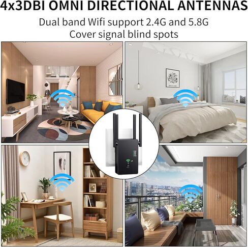 PAKESI WiFi Extender Signal Booster, 4 Antennas 360° Degree Full Coverage WiFi Extender Signal Amplifier,with AC1200 Dual Band Wireless Signal Booster,Coverage up to 2640sq.ft and 25 Devices in Kuwait