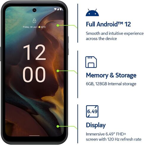 نوكيا XR21 5G | أندرويد 12 | هاتف ذكي مفتوح | ثنائي الشريحة | النسخة الأمريكية | 6/128 جيجابايت | شاشة 6.49 بوصة | كاميرا مزدوجة 64 ميجابكسل | سواد منتصف الليل in Kuwait