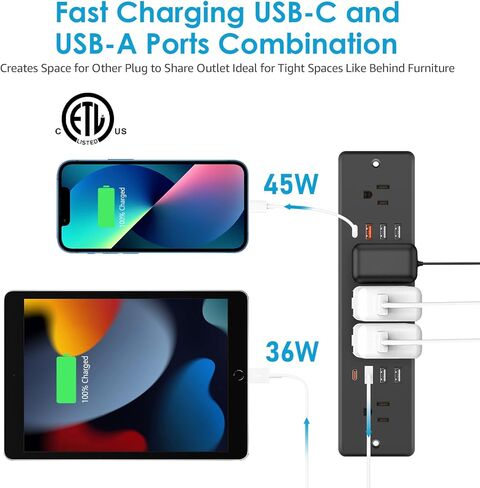 HHSOET 13 في 1 قابس مسطح لقطاع الطاقة، منفذ مكتب شحن سريع مع USB، مقبس مخرج طاقة مجوف للمؤتمرات مع 5 مقابس تيار متردد، 6 منافذ USB 2 USB-C، سلك طاقة بطول 6 أقدام. (أبيض) in Kuwait