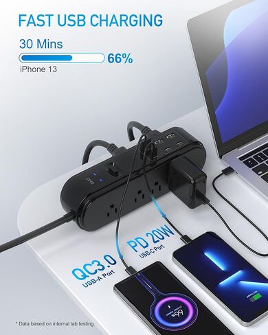 PD 20W USB C Power Strip Surge Protector, 10 Outlets and 3 USB C &3 USB A Ports, 6ft Extension Cord, Overload Protection, Desktop High-Speed Charging Station Power Bar for iPhone 14, 1875W/15A, 4500J in Kuwait