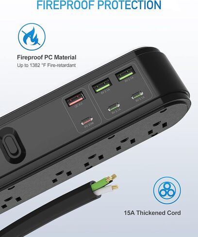 PD 20W USB C Power Strip Surge Protector, 10 Outlets and 3 USB C &3 USB A Ports, 6ft Extension Cord, Overload Protection, Desktop High-Speed Charging Station Power Bar for iPhone 14, 1875W/15A, 4500J in Kuwait