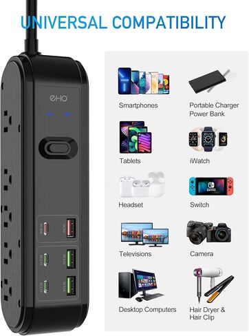 PD 20W USB C Power Strip Surge Protector, 10 Outlets and 3 USB C &3 USB A Ports, 6ft Extension Cord, Overload Protection, Desktop High-Speed Charging Station Power Bar for iPhone 14, 1875W/15A, 4500J in Kuwait