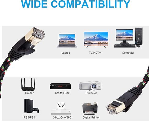 كابل إيثرنت SNANSHI Cat 7 بطول 30 قدم من النايلون المضفر Cat7 لشبكة الإنترنت المسطحة LAN كبل تصحيح SSTP محمي مطلي بالذهب كابل تصحيح شبكة إيثرنت للمودم وجهاز التوجيه والطابعة والكمبيوتر وPS4 وXobx in Kuwait