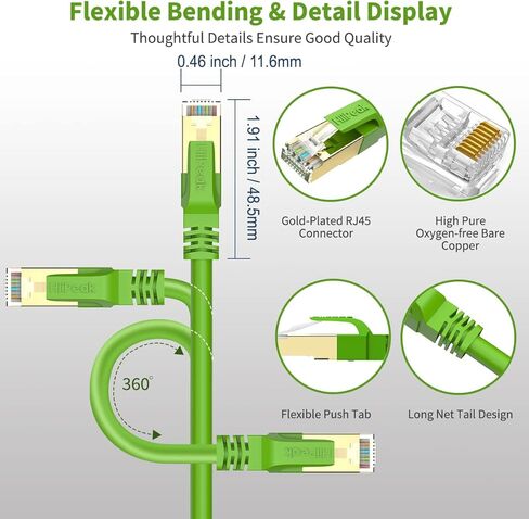 Cat8 Ethernet Cable 75FT, Indoor&Outdoor, Heavy Duty High Speed 26AWG Cat8 Network LAN Cable 2000Mhz, 40Gbps with Gold Plated RJ45 Connector, Weatherproof S/FTP UV Resistant for Router,Modem,PC Green in Kuwait