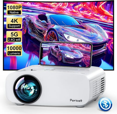 جهاز عرض Pericat 5G WiFi Bluetooth، جهاز عرض فيديو محمول خارجي 10000L أصلي 1080P يدعم 4K، جهاز عرض أفلام المسرح المنزلي شاشة 300 بوصة، متوافق مع iOS/Android//PC/TV Stick/PS5 in Kuwait