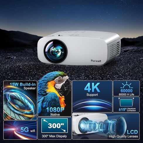 جهاز عرض Pericat 5G WiFi Bluetooth، جهاز عرض فيديو محمول خارجي 10000L أصلي 1080P يدعم 4K، جهاز عرض أفلام المسرح المنزلي شاشة 300 بوصة، متوافق مع iOS/Android//PC/TV Stick/PS5 in Kuwait
