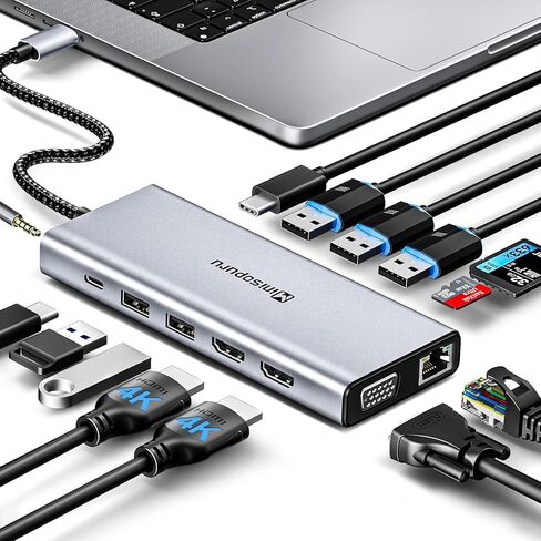 USB C Docking Station Dual Monitor, 13 In 1 Minisopuru USB C Hub Dual HDMI Adapter For 2 Monitors, DP, 5 USB A Ports, USB C Dock PD Charger, SD/TF, Mic/Audio, Ethernet, USB C Data, For Windows Laptops in Kuwait