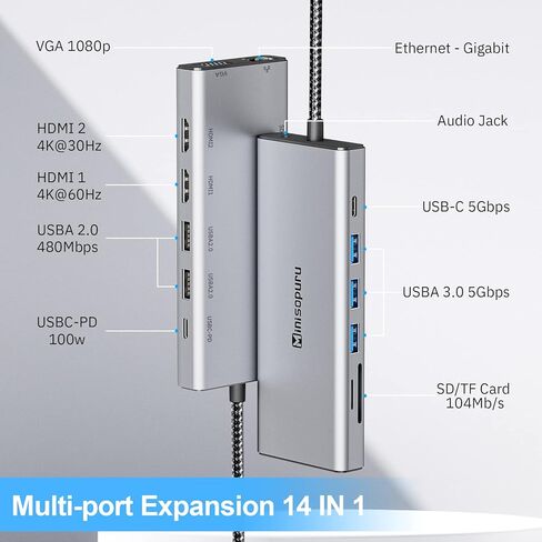 USB C Docking Station Dual Monitor, 13 In 1 Minisopuru USB C Hub Dual HDMI Adapter For 2 Monitors, DP, 5 USB A Ports, USB C Dock PD Charger, SD/TF, Mic/Audio, Ethernet, USB C Data, For Windows Laptops in Kuwait