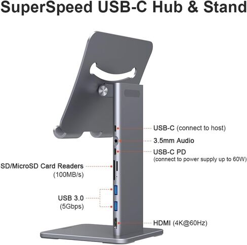 حامل iPad مغناطيسي Qwiizlab مع موزع USB C لجهاز iPad Pro 12.9 بوصة الجيل الثالث/الرابع/الخامس/السادس، دوران 360 درجة، إمالة 80 درجة، قارئات البطاقات، 4K@60 هرتز HDMI، 5 جيجابت في الثانية USB، 60 وات PD، صوت 3.5 مم (مساحة) رمادي) in Kuwait