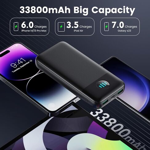 شاحن محمول Yacikos بقدرة 33800 مللي أمبير في الساعة، PD 3.0A USB-C لإدخال وإخراج بنك الطاقة، 3 مخارج شاحن احتياطي لحزمة البطارية متوافق مع iPhone 14/13، Android، Samsung Galaxy، Nexus، Google LG OnePlus والمزيد in Kuwait