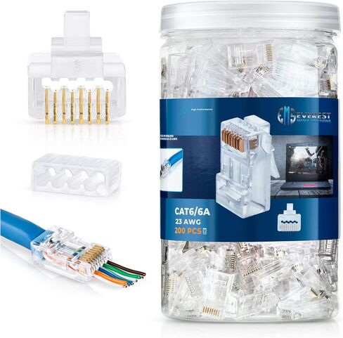 Everest Media Solutions RJ45 Cat6/6a Pass Through Connectors for a Thick 23 AWG Large Diameter UTP Network Cable, 100 Pcs | Insert Guides Included in Saudi Arabia