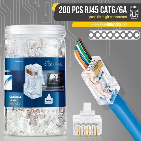 Everest Media Solutions RJ45 Cat6/6a Pass Through Connectors for a Thick 23 AWG Large Diameter UTP Network Cable, 100 Pcs | Insert Guides Included in Saudi Arabia