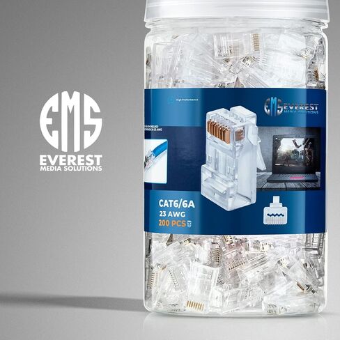 Everest Media Solutions RJ45 Cat6/6a Pass Through Connectors for a Thick 23 AWG Large Diameter UTP Network Cable, 100 Pcs | Insert Guides Included in Saudi Arabia