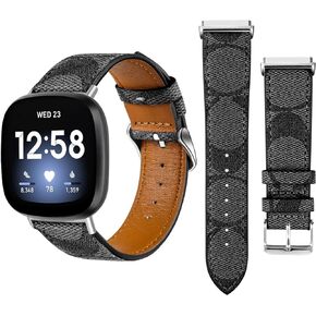 أربطة جلدية متوافقة مع Fitbit Versa 4/Versa 3/Sense 2/Sense للنساء والرجال، حزام بديل جلدي مصمم (أسود) in Kuwait
