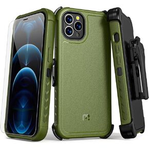 MYBAT PRO for iPhone 12/12 Pro Case 6.1" with Belt Clip Holster and Tempered Glass, Maverick Series Shockproof Heavy Duty Military Grade Drop Protective Case with 360° Rotating Kickstand, Blue